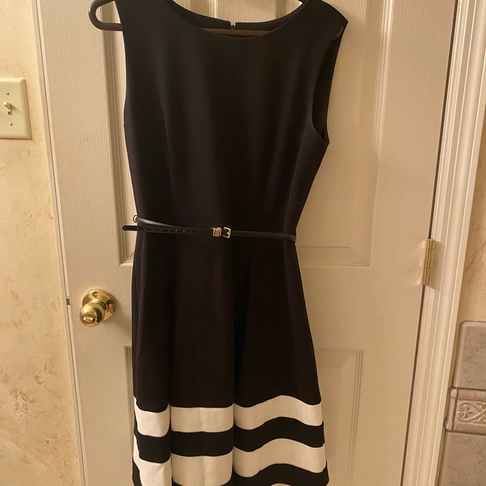 Sleeveless Calvin Klein black dress with white stripes